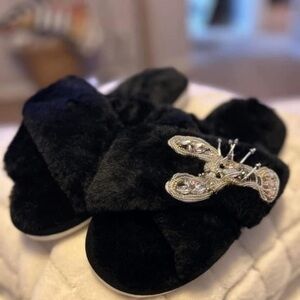Luxury Black Furry Slippers with Rhinestone lobster Detail from England